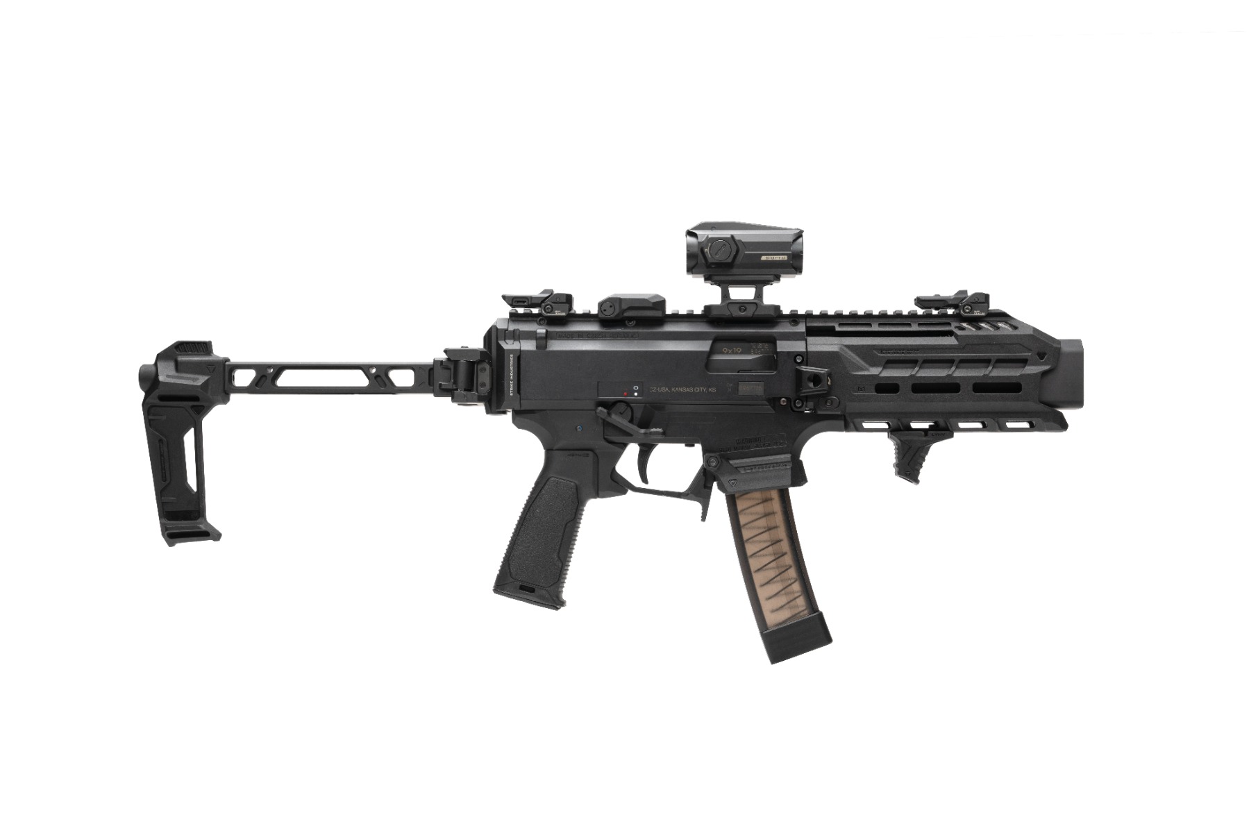 Strike FSA Dual Folding Adapter Stabilizer mounted extended on CZ Scorpion EVO pistol-caliber carbine
