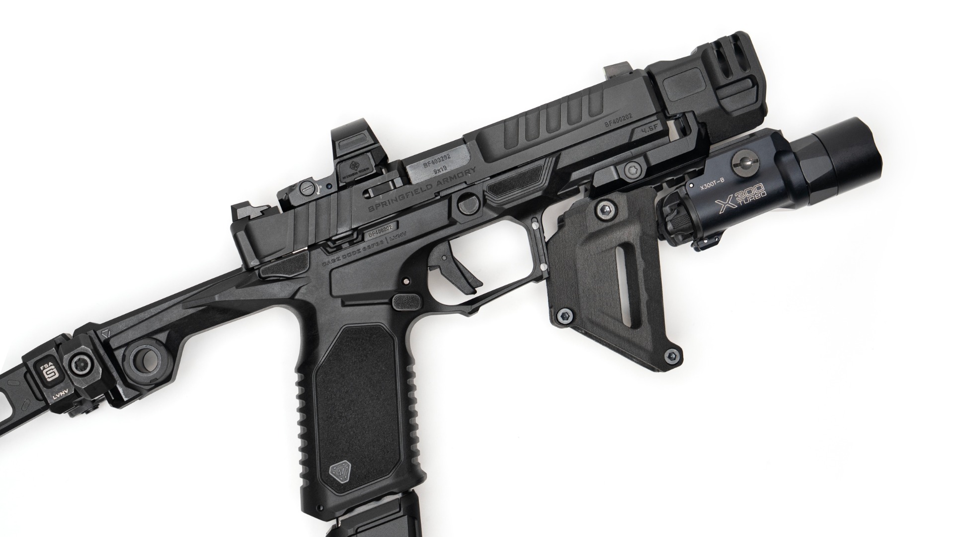 Strike SMC Bravo Echelon chassis close-up with optic weapon light and folding stabilizer hinge