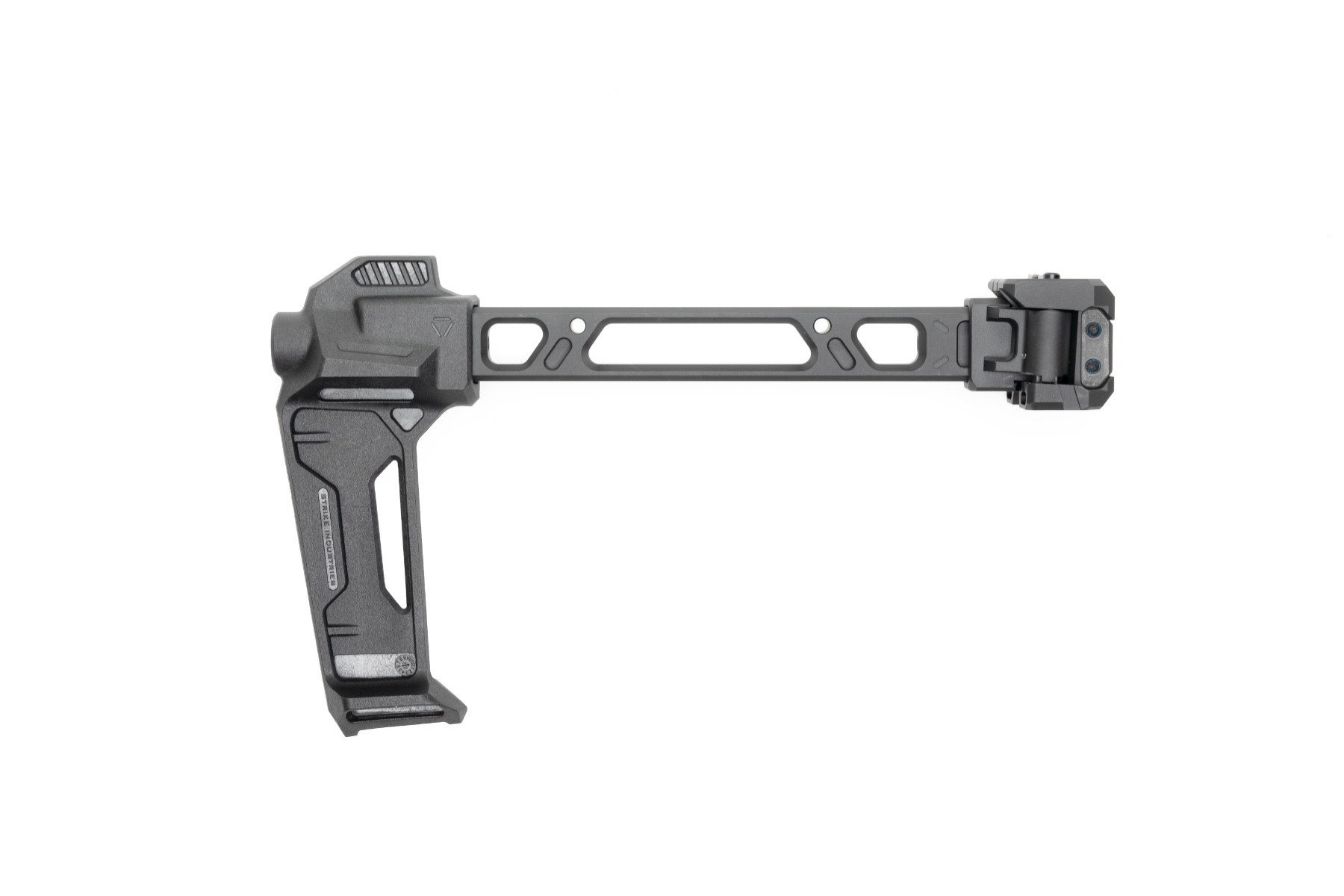 Strike Industries FSA Dual Folding Adapter Stabilizer extended showing steel hinge and 1913 Picatinny locking lugs