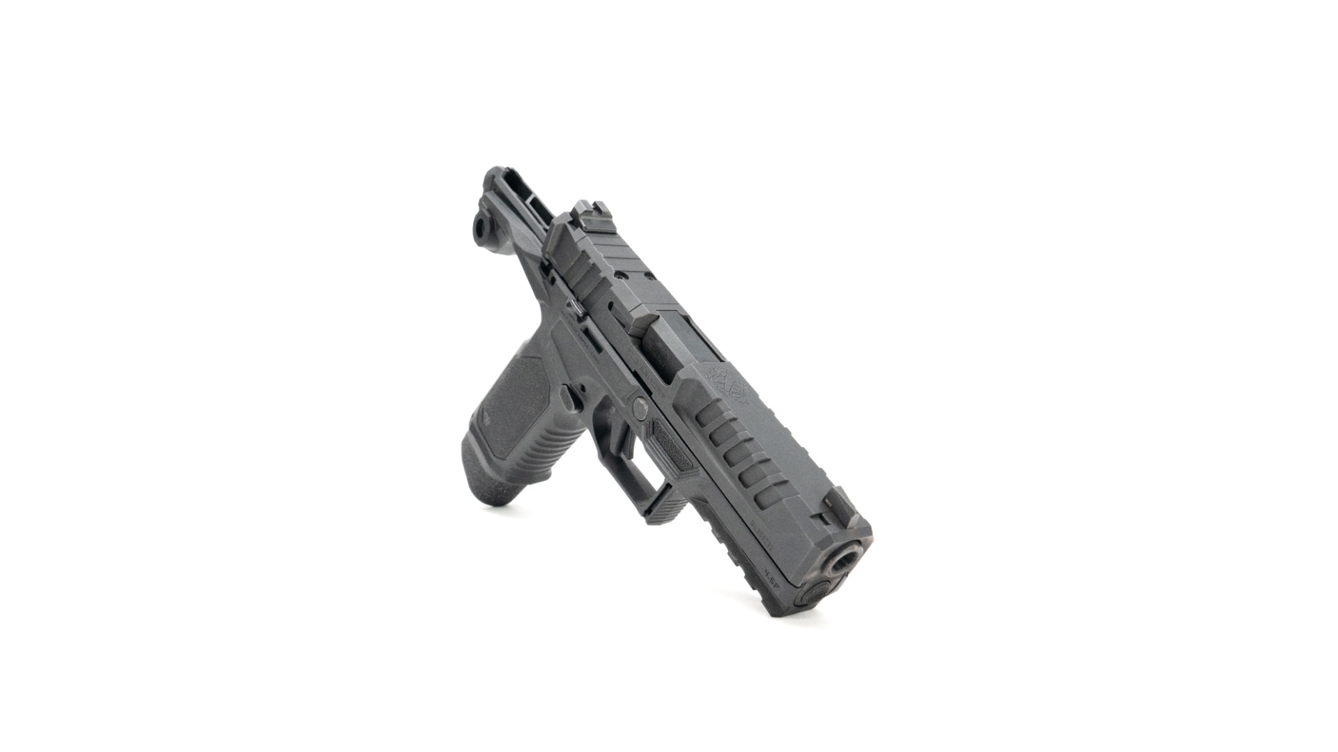 Strike SMC Bravo Springfield Echelon 4.5 assembled three-quarter view showing chassis rails and slide