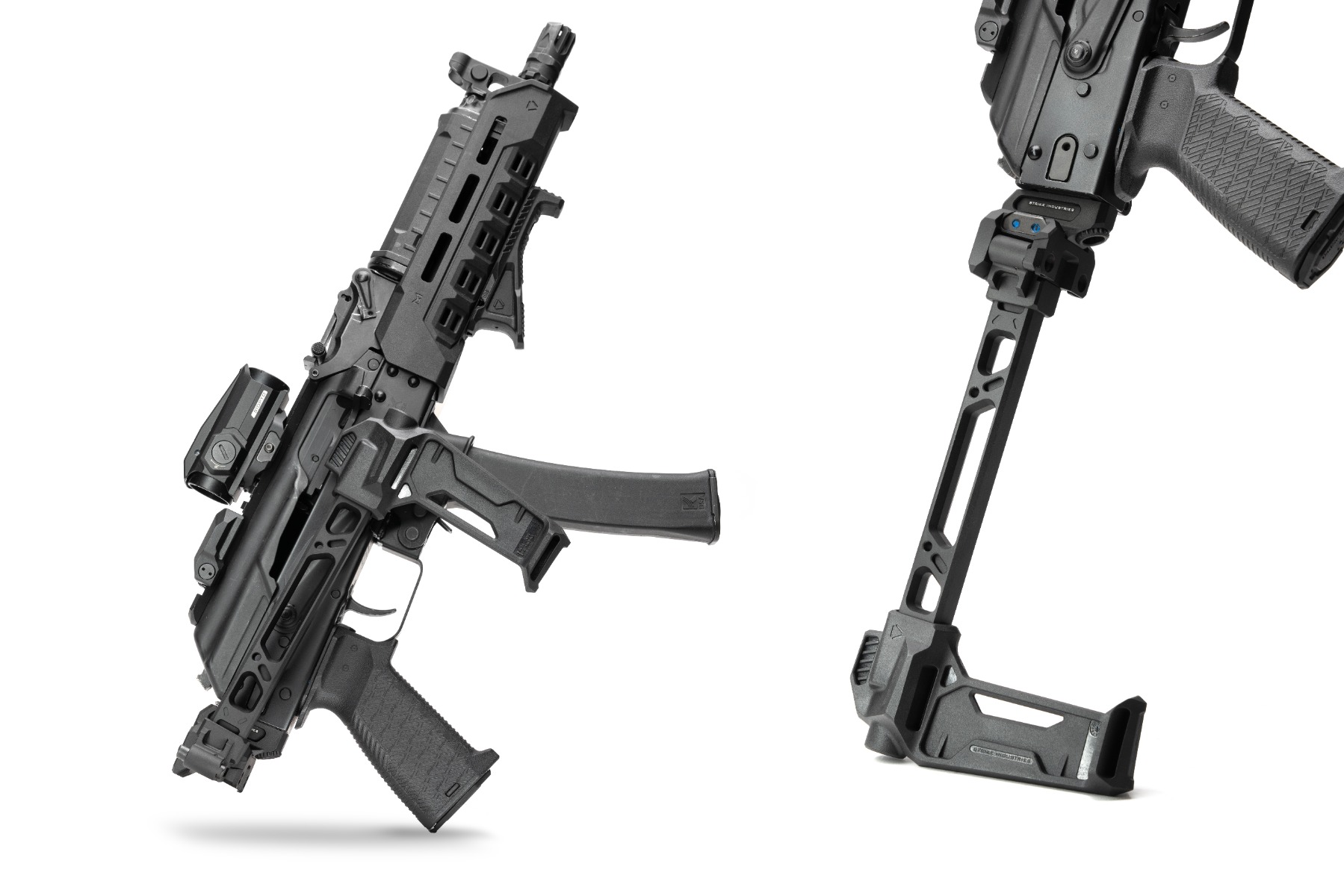 Strike FSA Dual Folding Adapter Stabilizer folded and extended comparison on pistol-caliber platform